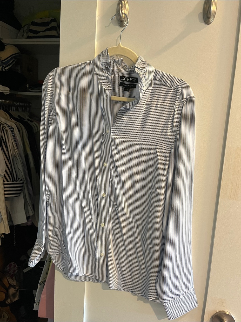 J. Crew White and Blue Pinstripe Mandarin Collar Blouse